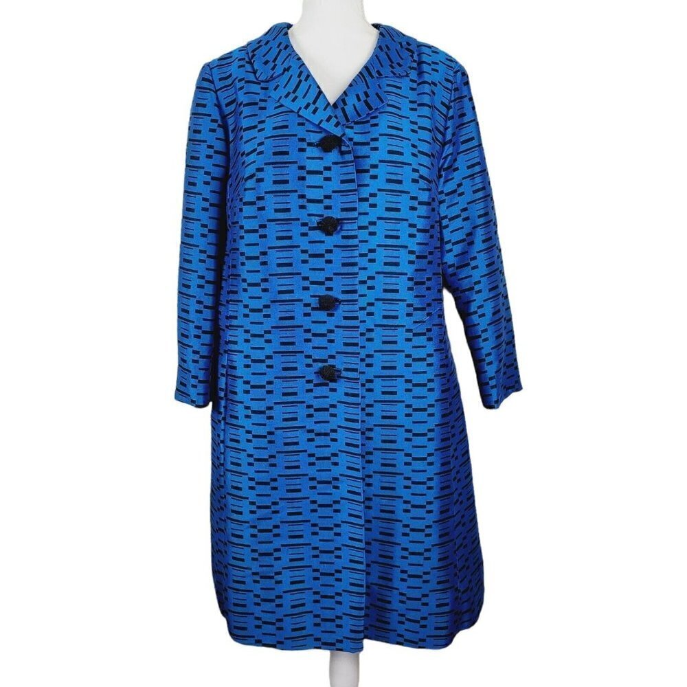 Vtg Grace Taylor Original Tailored Notch Lapel Coat Shiny Cobalt Blue & Black 18